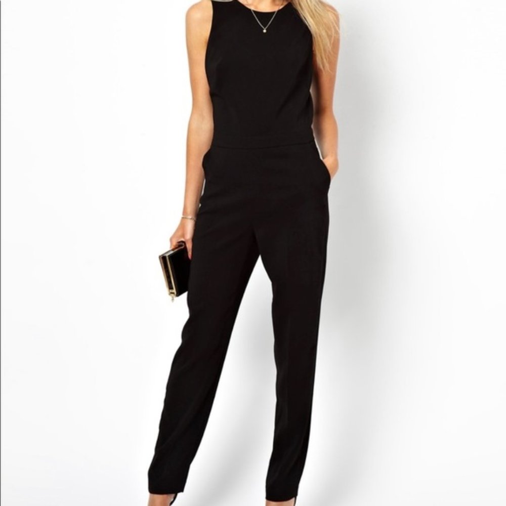 ASOS Petite Black Jumpsuit With Chic Racer Detail Sz 0 Like NEW - Picture 1 of 14